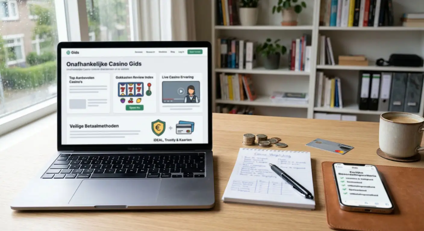Illustratieve Nederlandse casino-beoordeling met laptop en euro-betaalcontext zonder merklogo