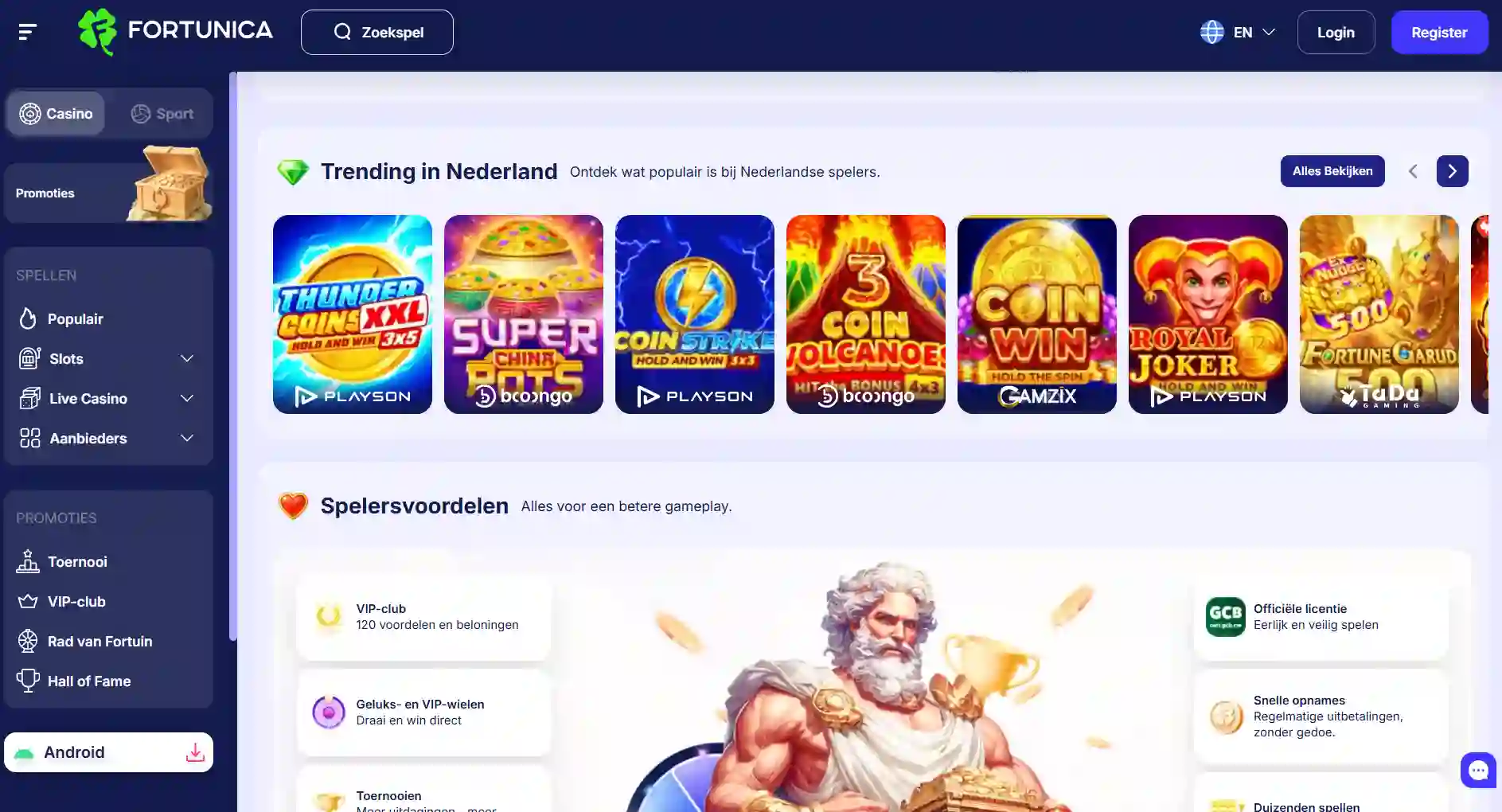 Fortunica-homepage met casino, slots en live casino